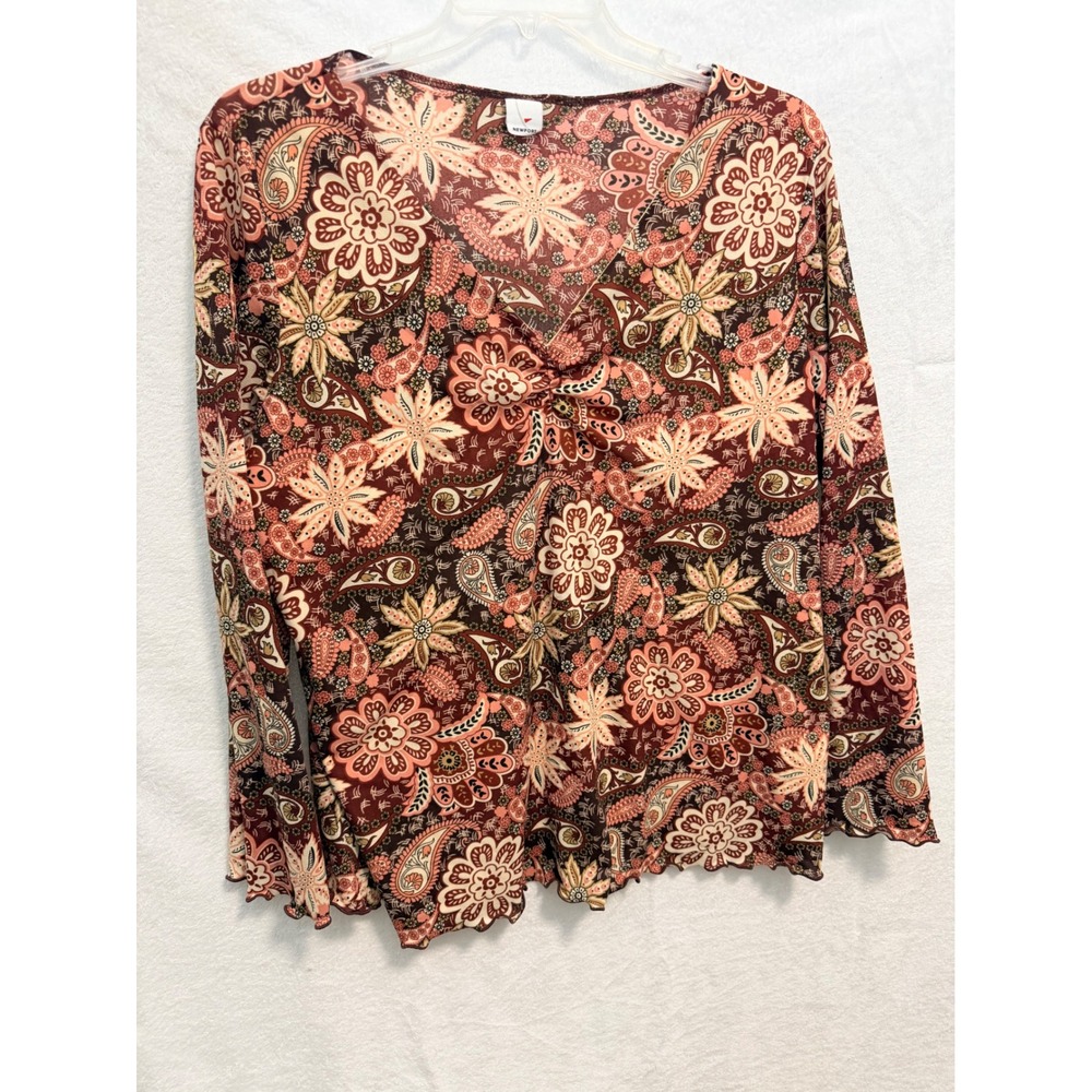 Newport Womens 3X Paisley Floral V-Neck Blouse Long Sleeve Lettuce Edge Burgundy